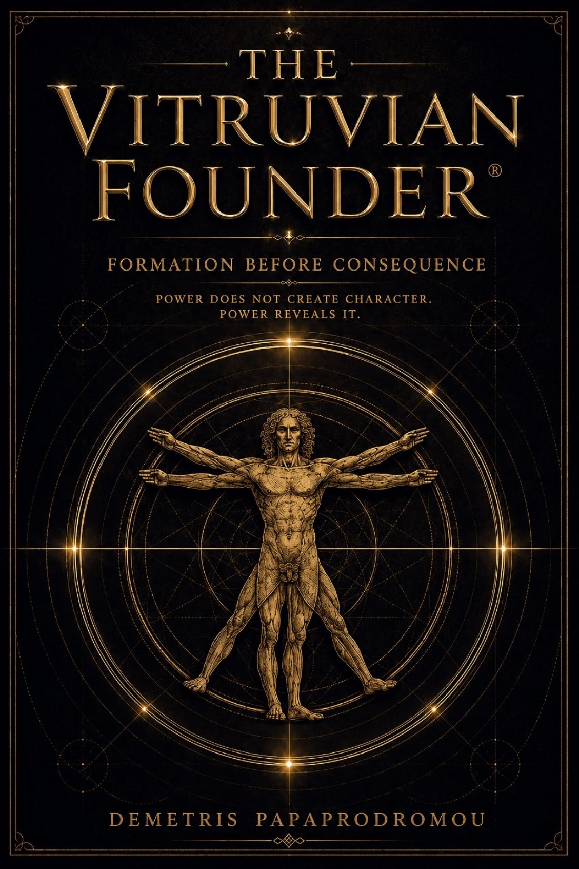Cover artwork for The Vitruvian Founder by Demetris Papaprodromou.